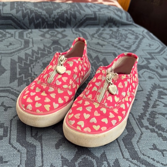 Pink and White Slip-On Sneakers with Heart Pattern - Picture 1 of 5
